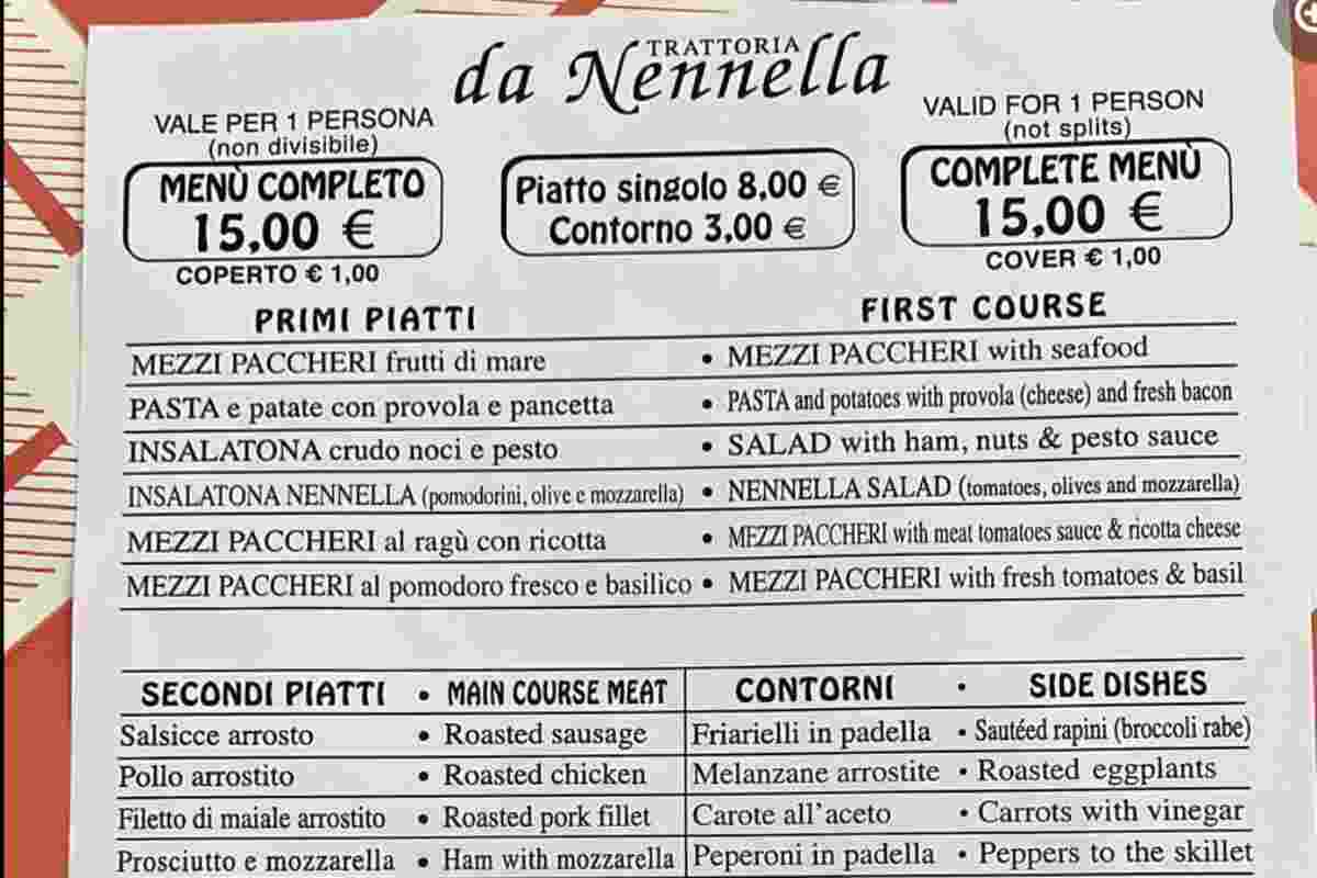 Il menù della Trattoria da nennella